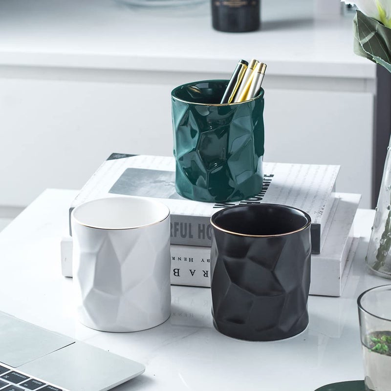 YOSCO Ceramic Irregular Round Pen Holder For Desk Cute Stand Gold Line Aesthetic Pencil Cup Pot Desk Organizer for Men Women Makeup Brush Holder (Black) - Image 3